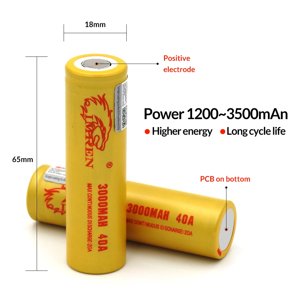 18650 3.7V 3000mAh Lithium Li-Ion Battery Cell with 40A High Rate Discharge IMREN