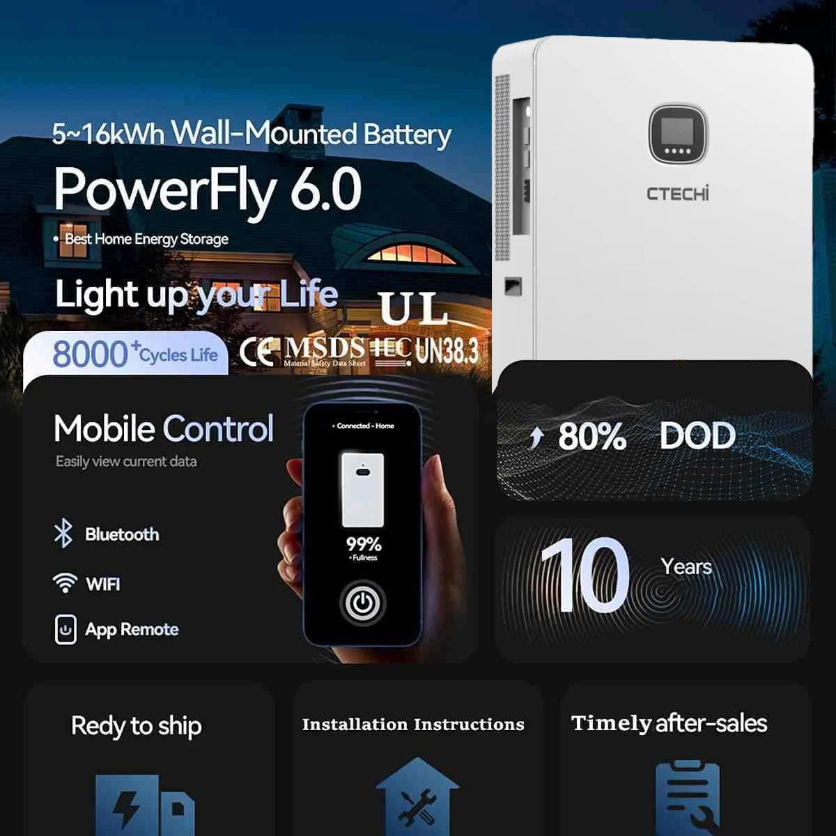 CTECHi 48v 15kWh  All in One Home Energy Storage System Solar Battery IP54 for Off Hybrid grid