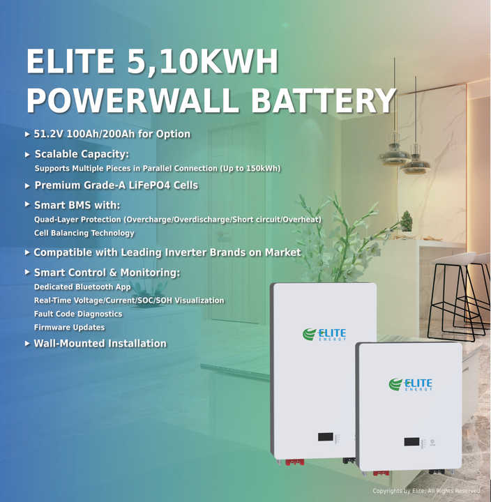ELITE Wall-mounted 48V 100AH 5KWH Home Solar Battery Pack LiFePO4 Power Wall Energy Storage System Battery 51.2V Powerwall CE Certified Off-Grid Hybrid Energy Storage for Household Use Elite/OEM