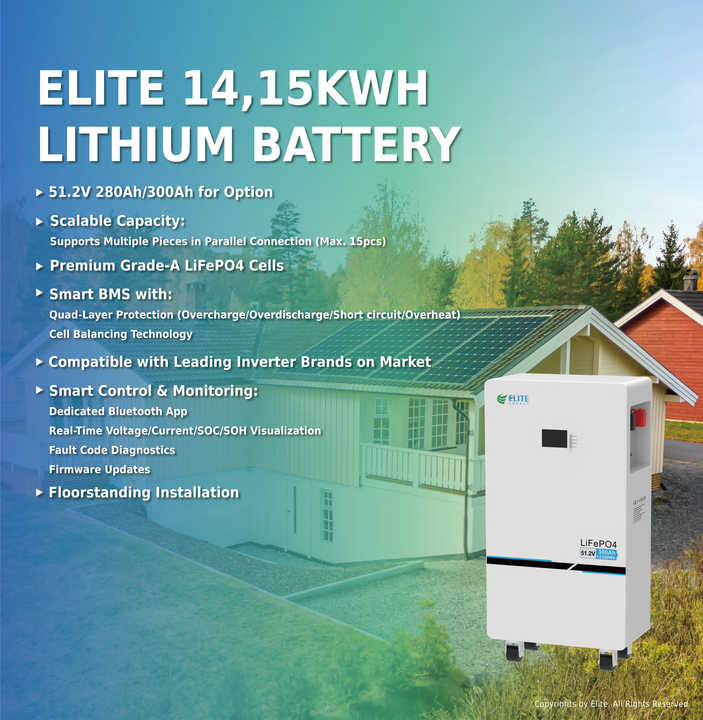Solar Home Energy Storage System Battery 15KWH 51.2V Lithium Ion LiFePO4 Batteries 48V 300AH Rechargeable Deep Cycle BMS Li Cell High-Capacity Off-Grid Renewable Energy Storage Solution ELITE