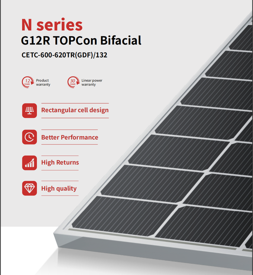 G12R TOPCon Bifacial CETC-600-620TR(GDF)/132 600-620W 23.0% Efficiency High Power Tolerance 0~+5W Solar Panel for Utility-Scale and Commercial PV Systems