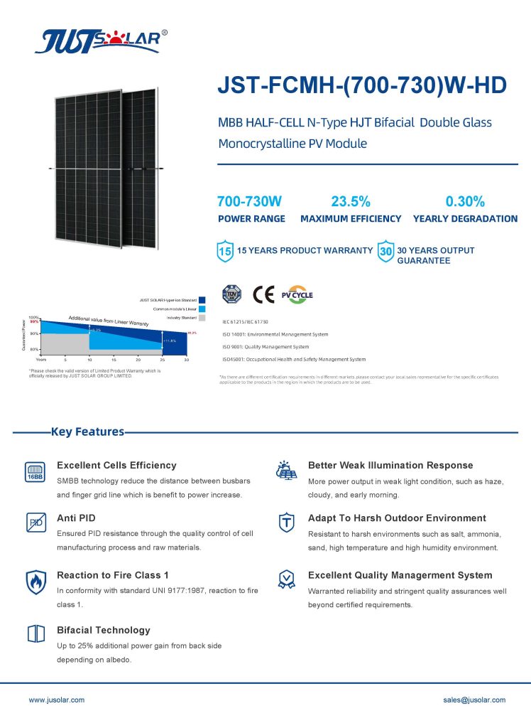 HJT Bifacial Mono Module 700-730W High Efficiency Solar Panel for Commercial Rooftop and Utility-Scale Projects JUSTSOLAR
