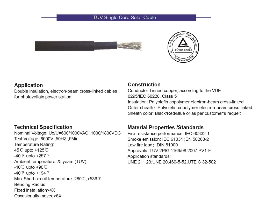 TUV Single Core Solar Cable High-Quality UV-Resistant Long-Life PV Cable for Solar Energy Systems