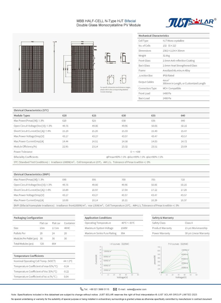 HJT Bifacial Mono Module 620-640W High Efficiency Solar Panel for Commercial and Utility-Scale Projects JUSTSOLAR