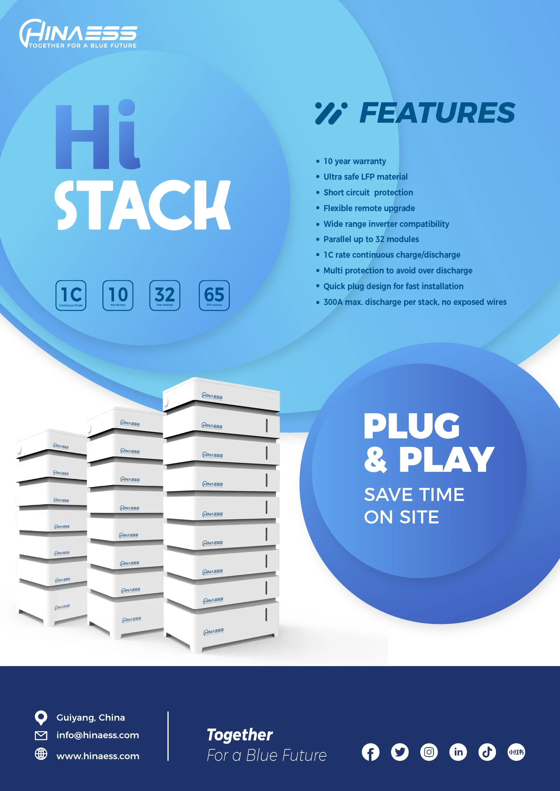 Hi-Stack 10-164kWh Scalable LFP Battery IP65 Rated Outdoor Energy Storage System for Residential and Commercial Use