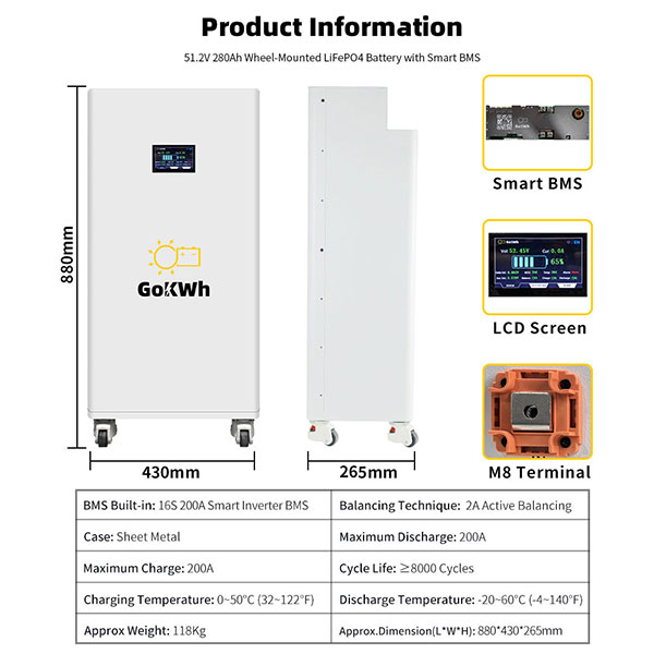 GoKWh 51.2V 280Ah 14kWh LiFePO4 Battery Storage with Bluetooth & LCD, Wheel-Mounted for Home and Commercial Energy Storage
