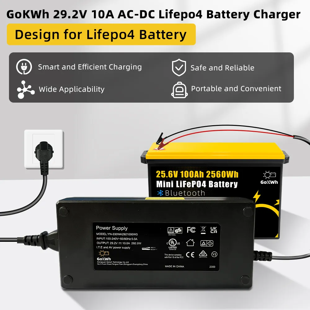 GoKWh 24V (29.2V) 10A AC To DC LiFePO4 Battery Charger Fast Charging & Safety Protected for Solar Energy and Off-Grid Systems