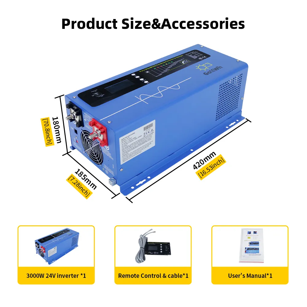 GoKWh 3000W DC 24V Pure Sine Wave Inverter with Charger High-Efficiency 90%+ for Solar Power Backup and Off-Grid Systems