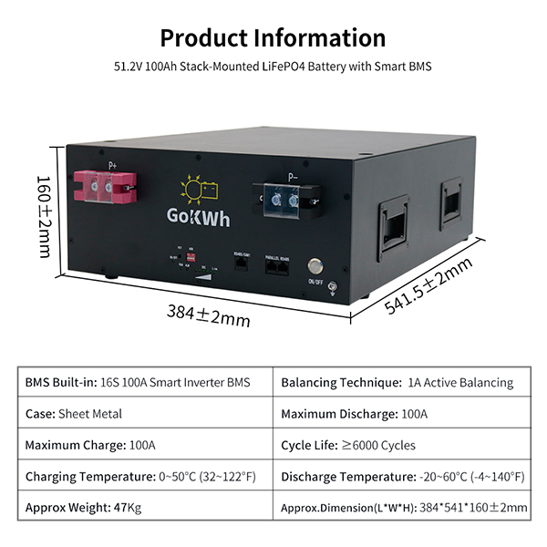 GoKWh 51.2V 100Ah 5kWh LiFePO4 Bluetooth Stack-mounted Home Battery Storage High-Cycle Life Scalable Solar Energy Storage for Residential and Off-Grid Systems
