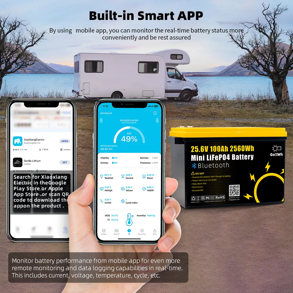 LiFePO4 Battery 24V 100Ah Mini Bluetooth 4000 Cycles Outdoor Home Energy Storage RV GoKWh